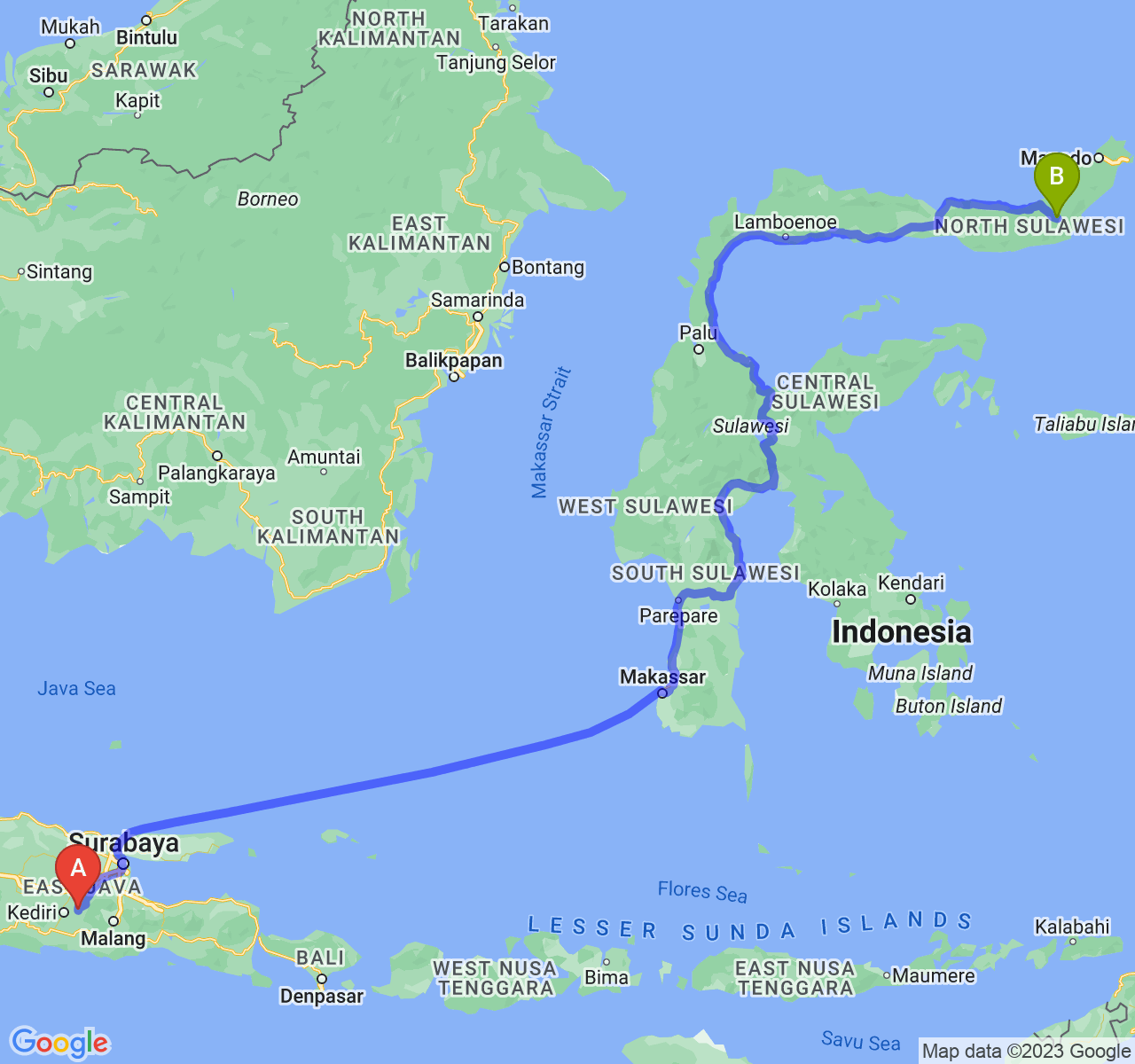 perjalanan dengan rute Kab. Kediri-Kota Kotamobagu