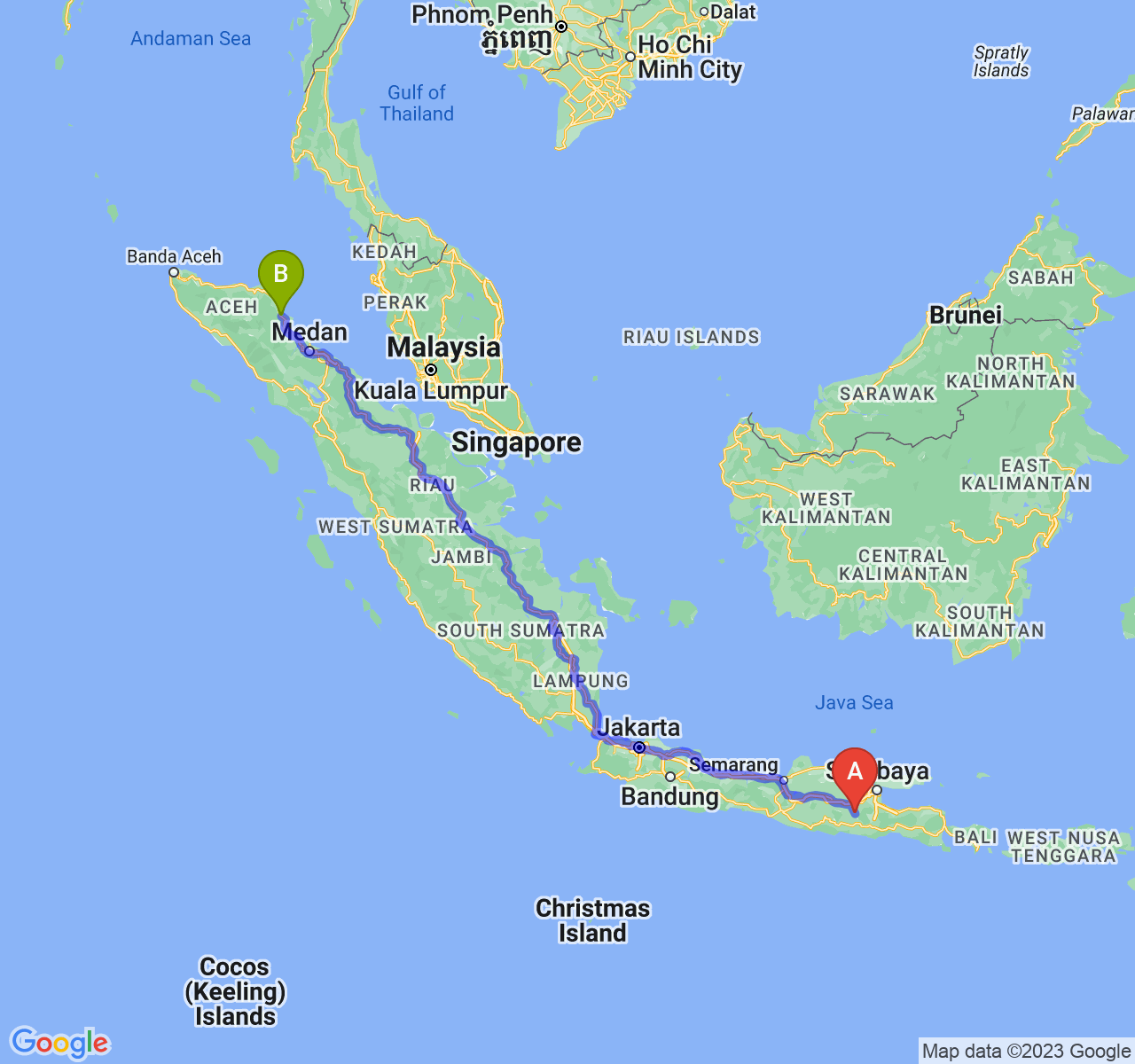 perjalanan dengan rute Kab. Kediri-Kota Langsa