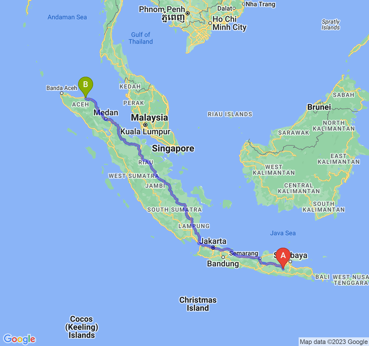 perjalanan dengan rute Kab. Kediri-Kota Lhokseumawe