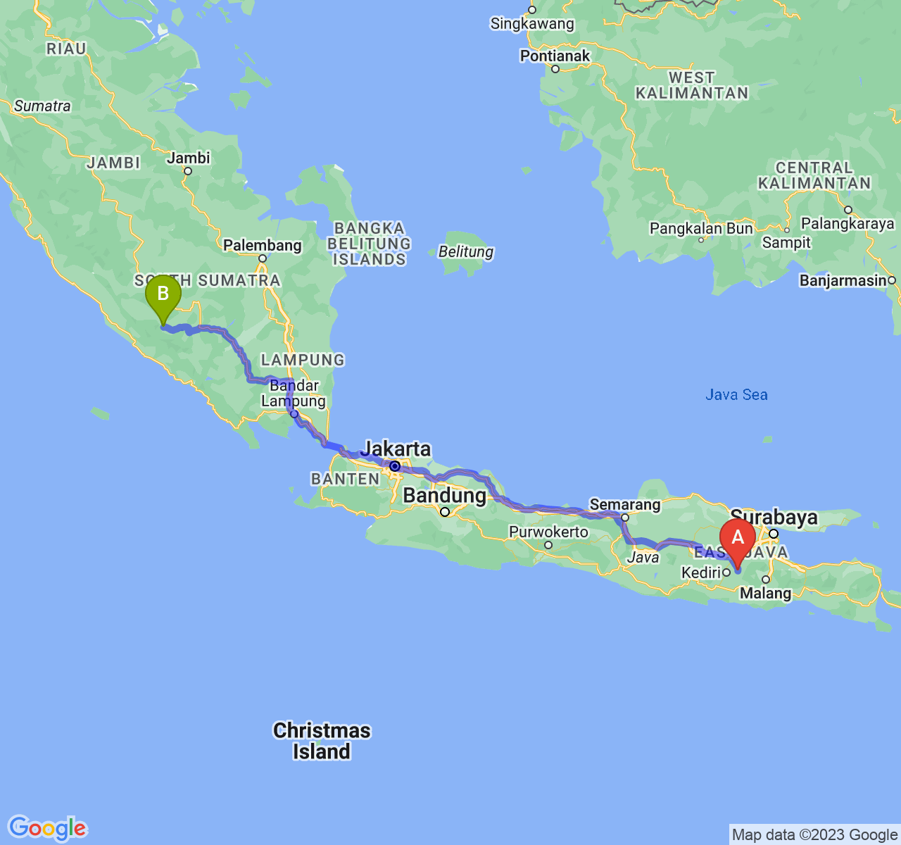 perjalanan dengan rute Kab. Kediri-Kota Pagar Alam