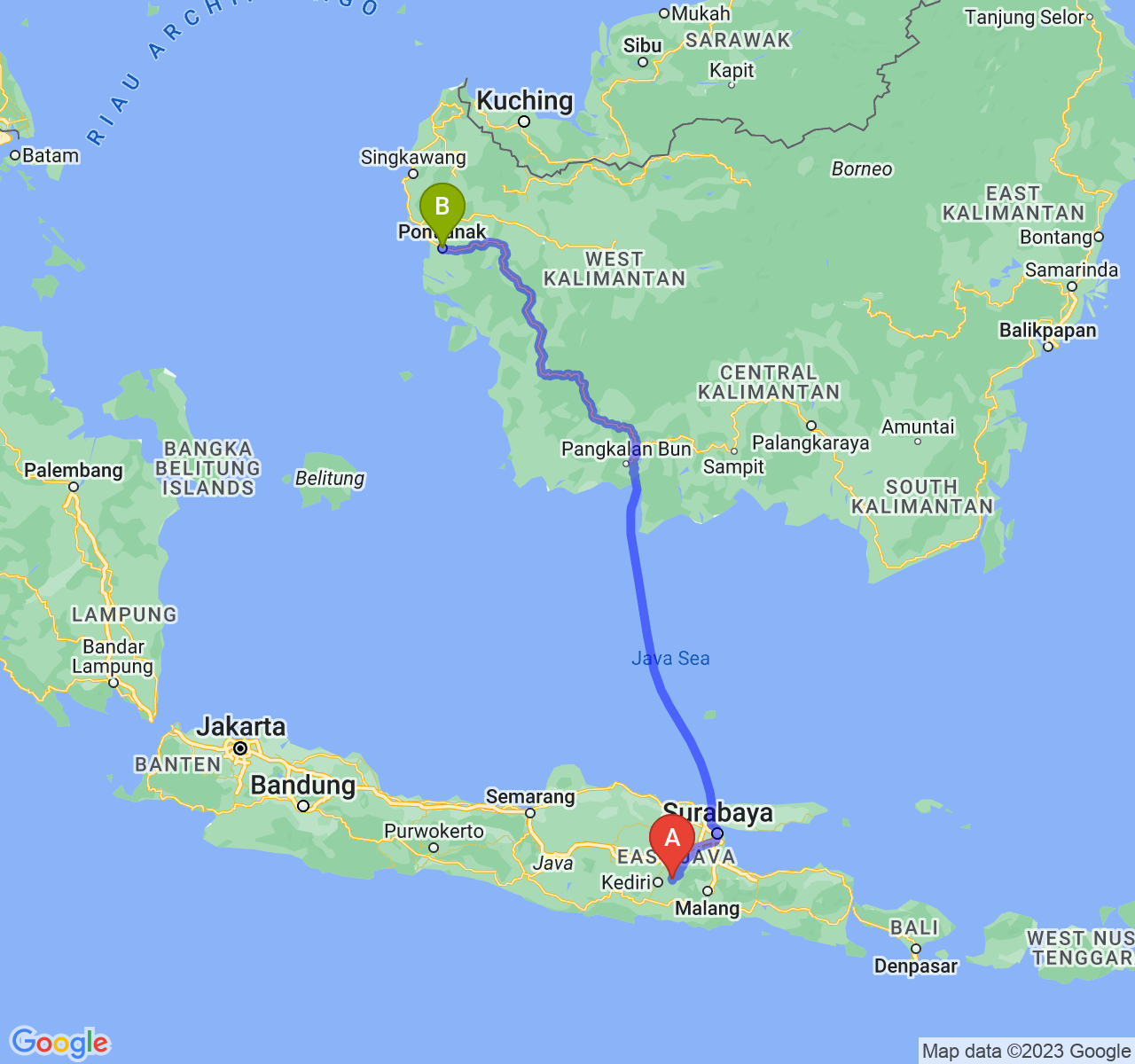 perjalanan dengan rute Kab. Kediri-Kota Pontianak