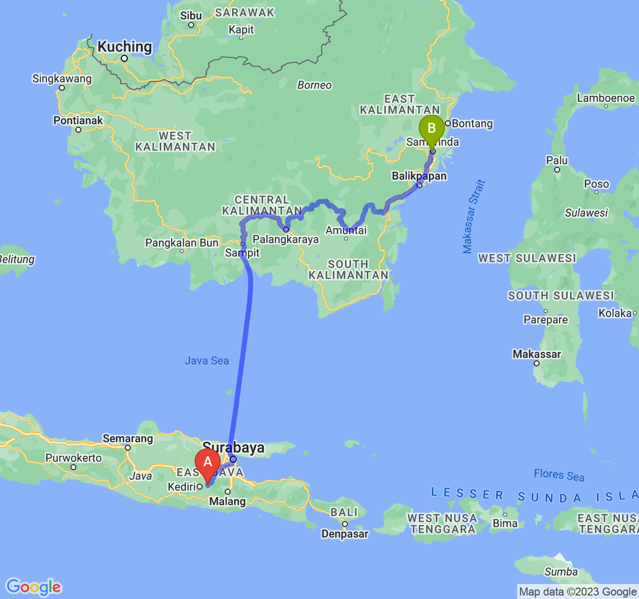 perjalanan dengan rute Kab. Kediri-Kota Samarinda