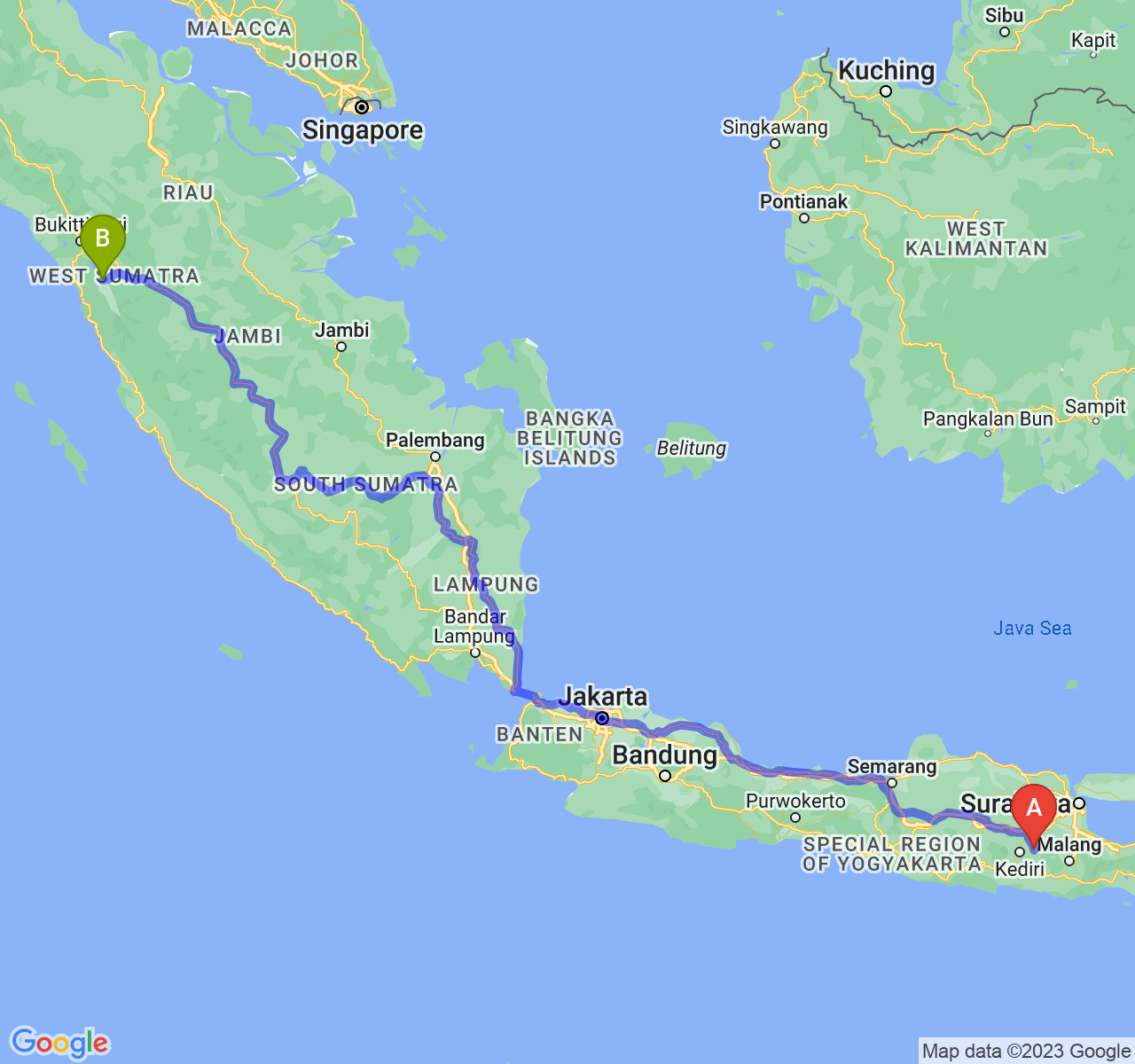 perjalanan dengan rute Kab. Kediri-Kota Solok