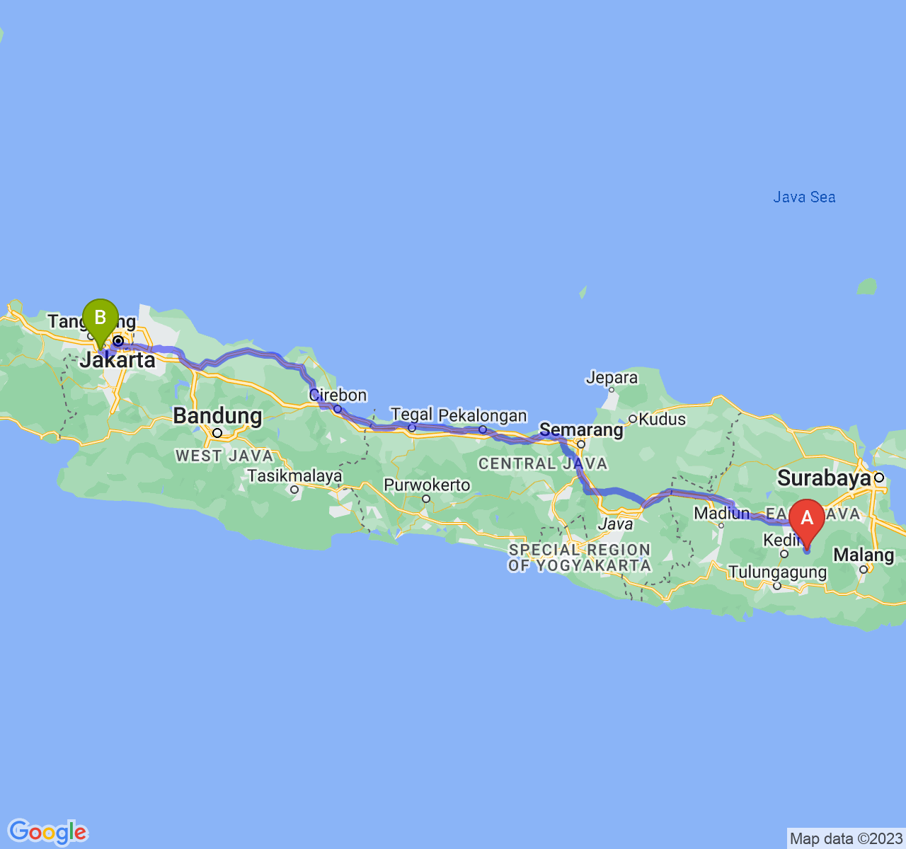 perjalanan dengan rute Kab. Kediri-Kota Tangerang Selatan