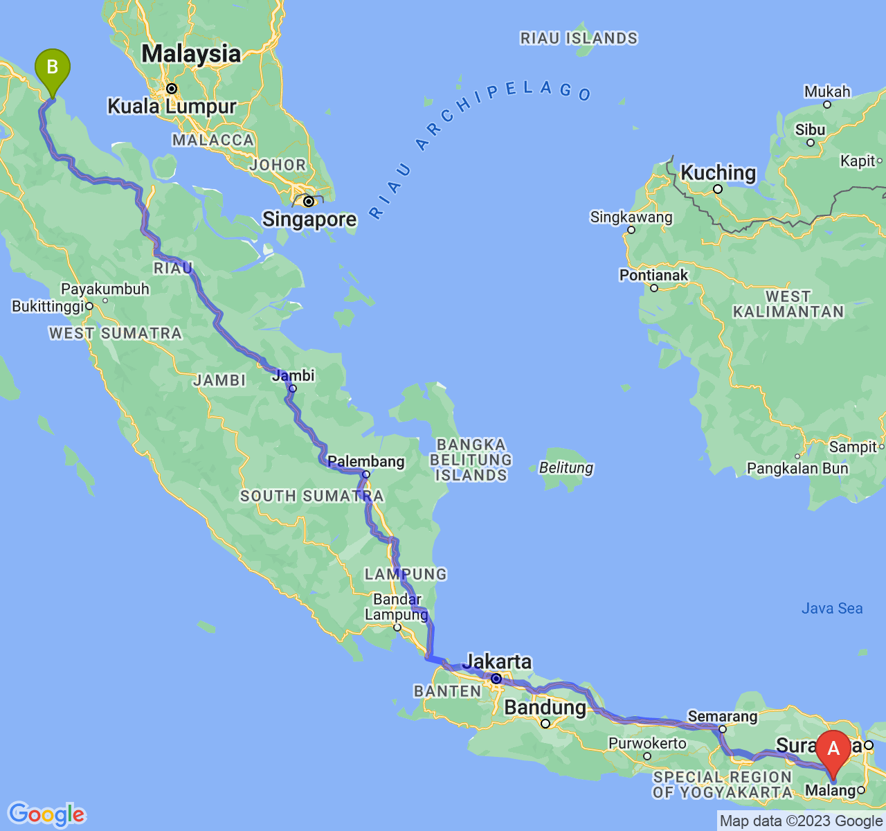 perjalanan dengan rute Kab. Kediri-Kota Tanjung Balai