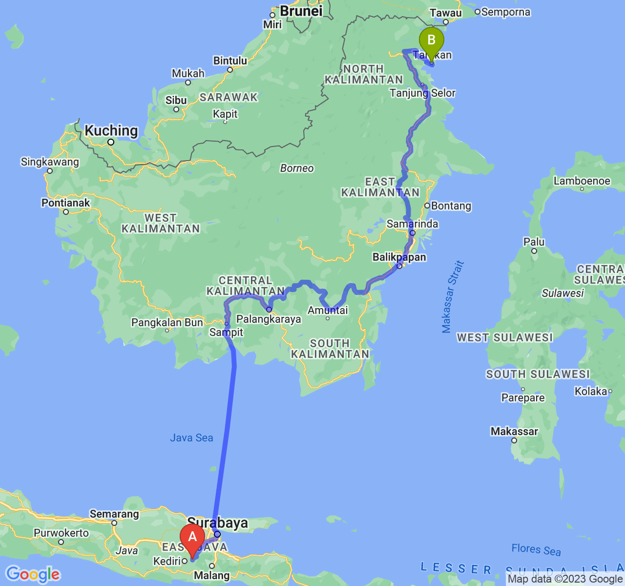 perjalanan dengan rute Kab. Kediri-Kota Tarakan