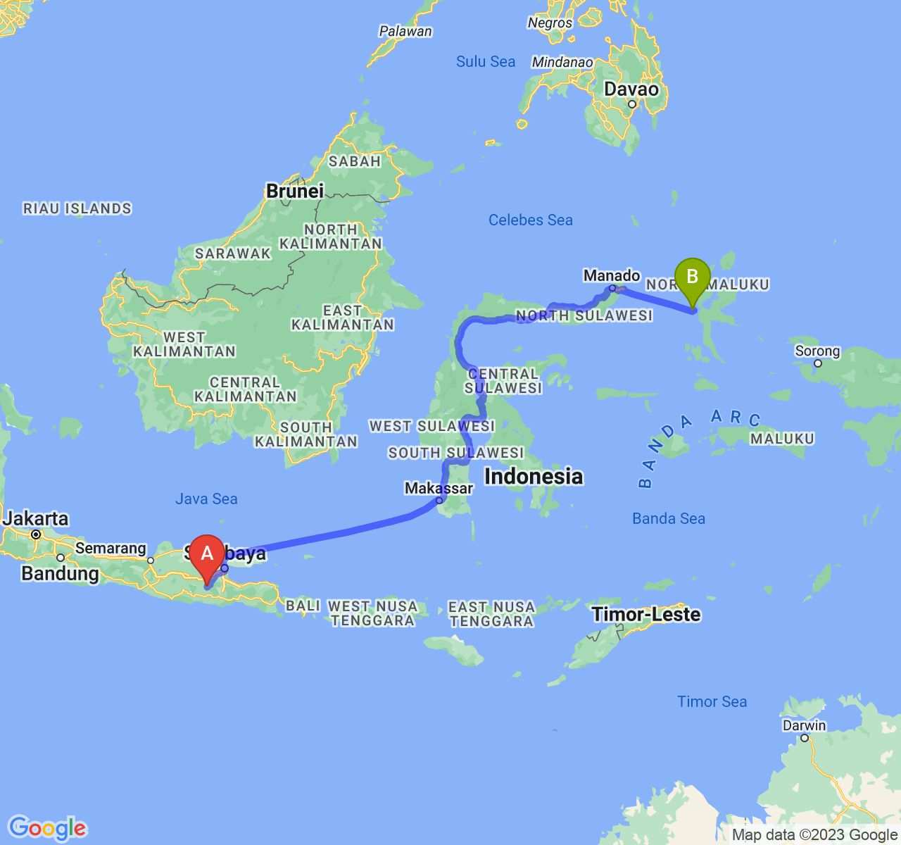 perjalanan dengan rute Kab. Kediri-Kota Ternate