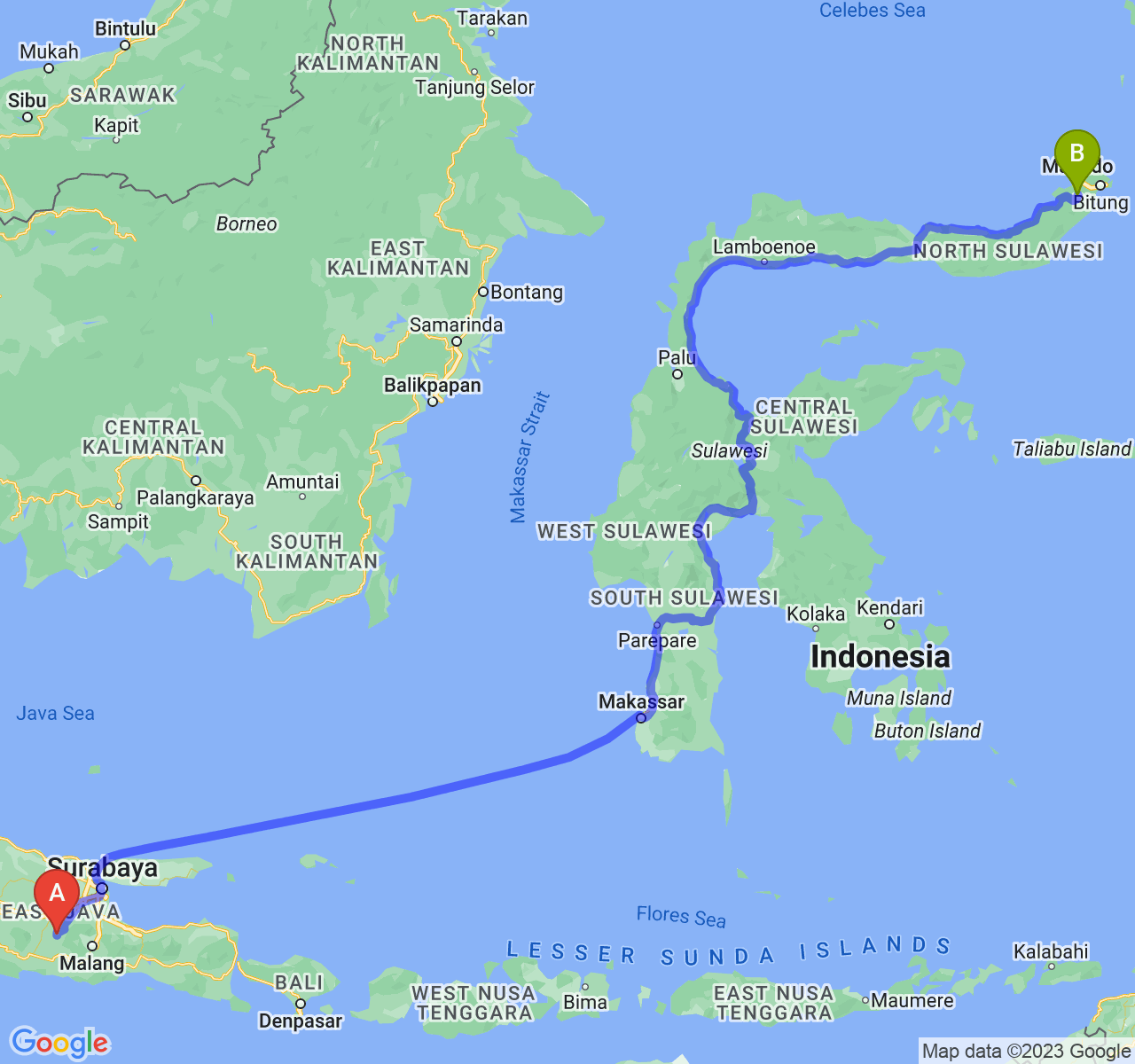 perjalanan dengan rute Kab. Kediri-Kota Tomohon