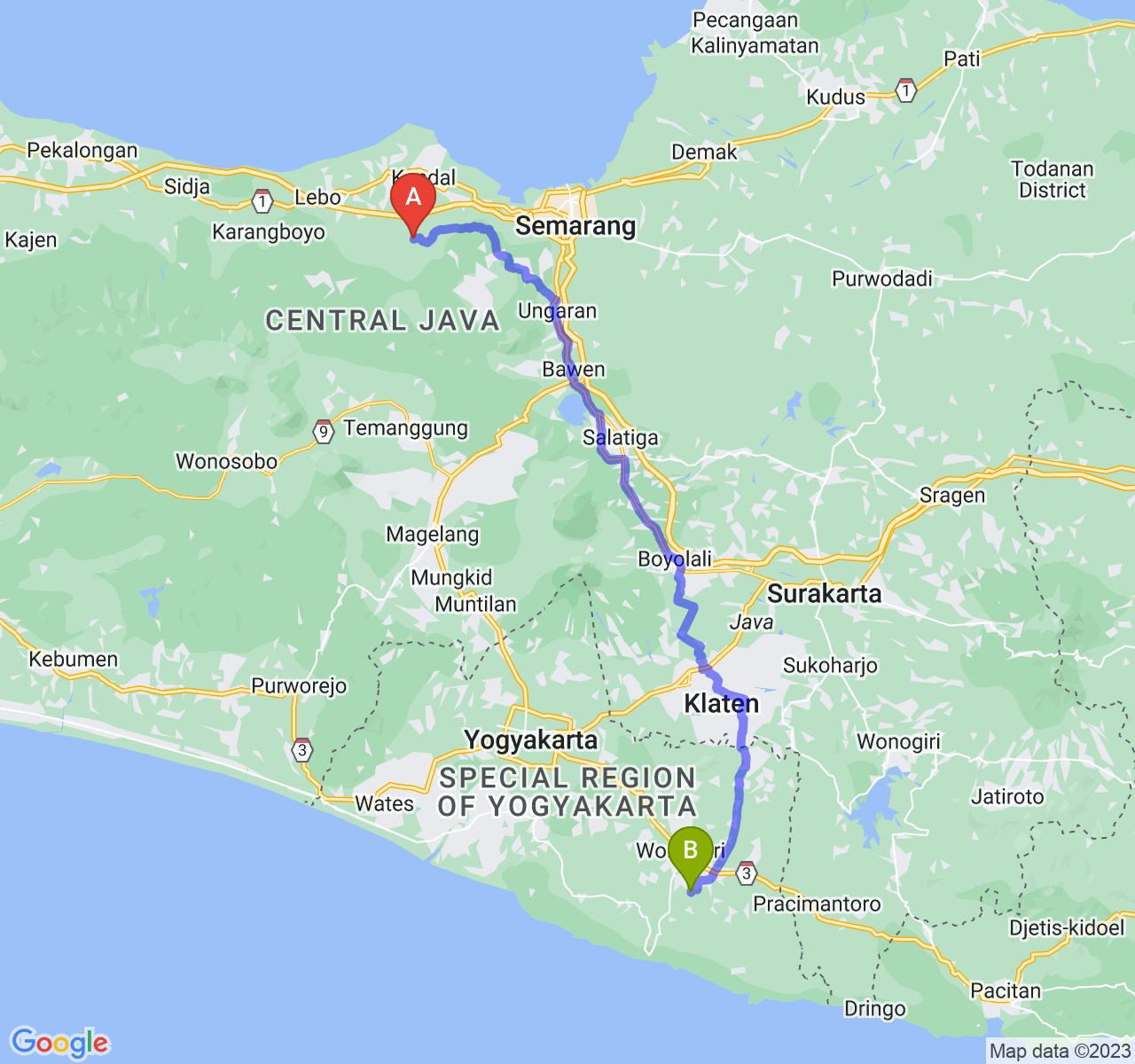 perjalanan dengan rute Kab. Kendal-Kab. Gunung Kidul