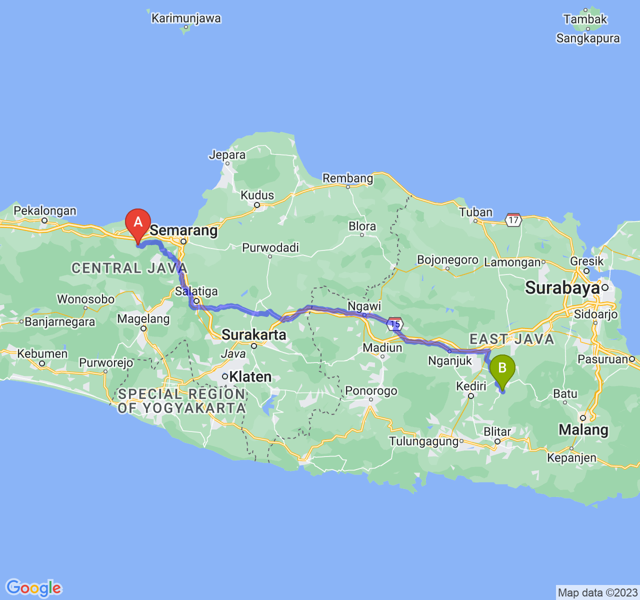 perjalanan dengan rute Kab. Kendal-Kab. Kediri