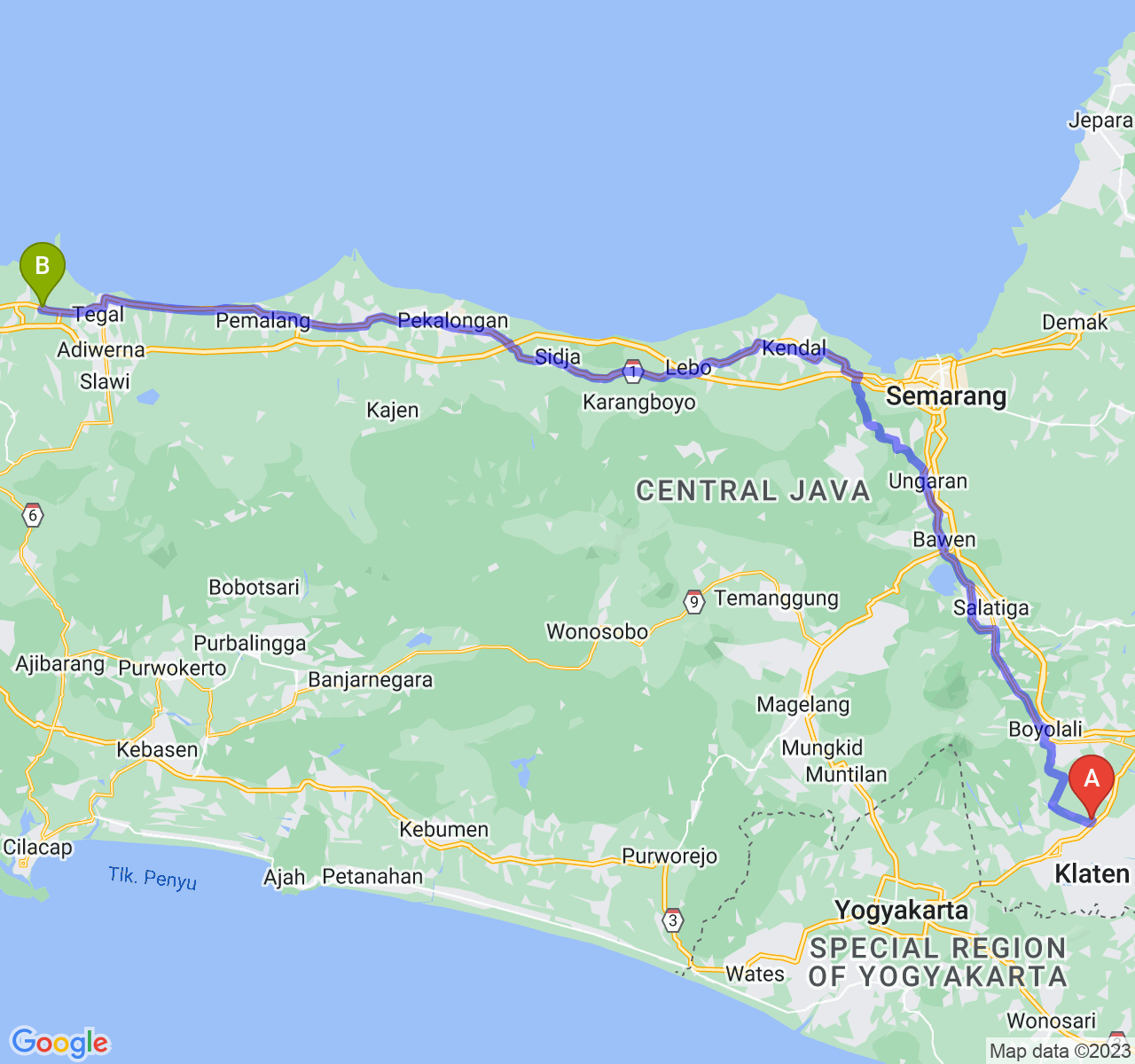 perjalanan dengan rute Kab. Klaten-Kab. Brebes