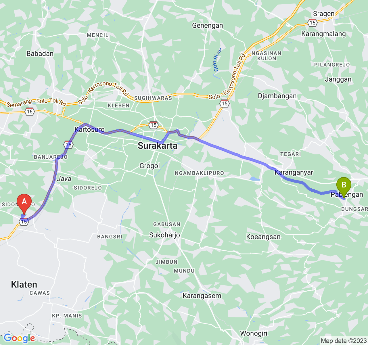 perjalanan dengan rute Kab. Klaten-Kab. Karanganyar