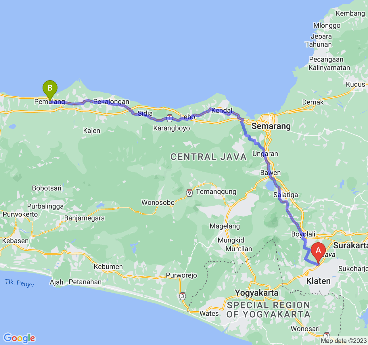 perjalanan dengan rute Kab. Klaten-Kab. Pemalang