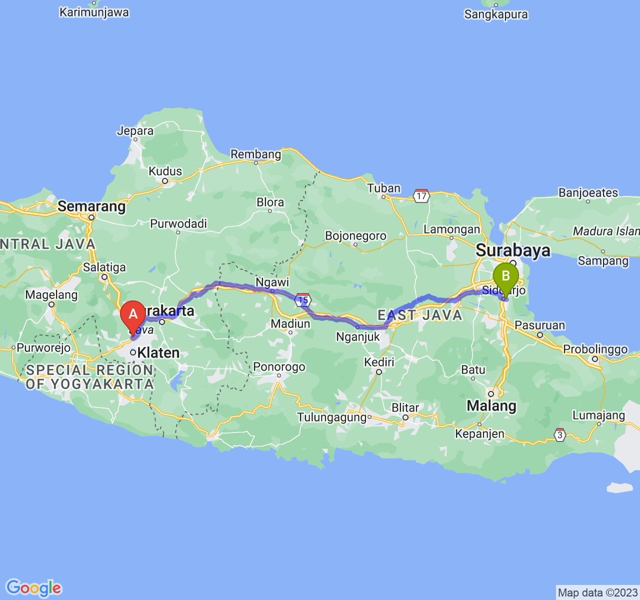 perjalanan dengan rute Kab. Klaten-Kab. Sidoarjo