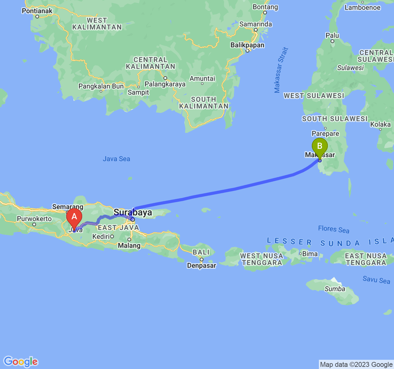 perjalanan dengan rute Kab. Klaten-Kota Makassar