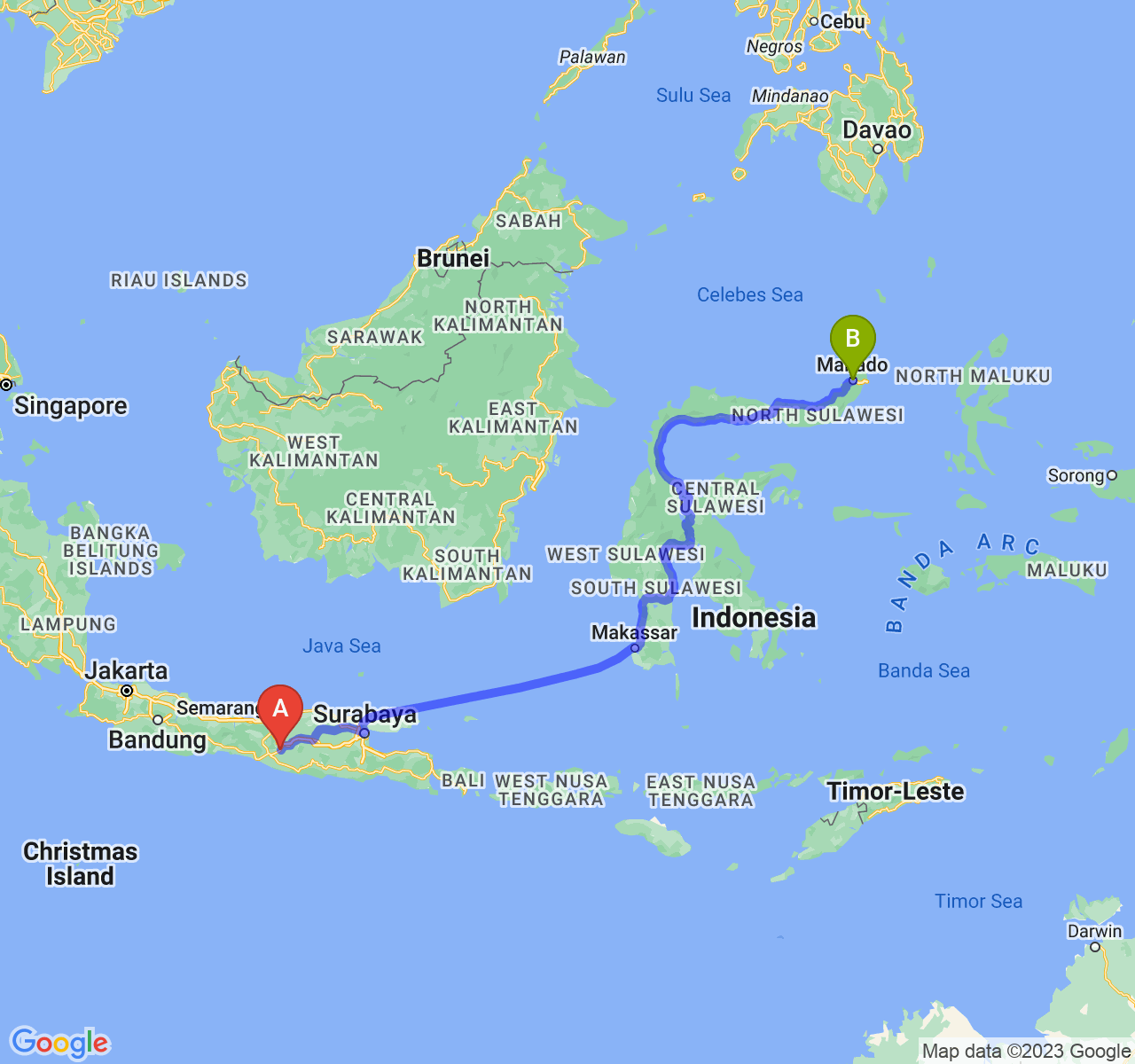 perjalanan dengan rute Kab. Klaten-Kota Manado