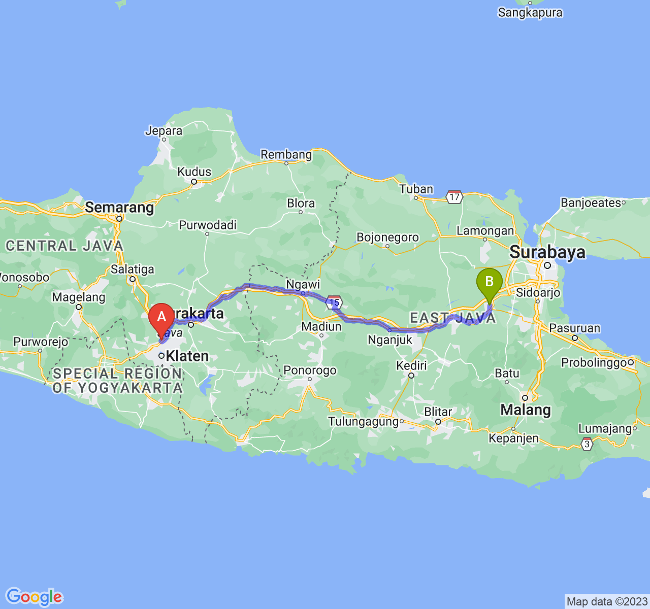 perjalanan dengan rute Kab. Klaten-Kota Mojokerto