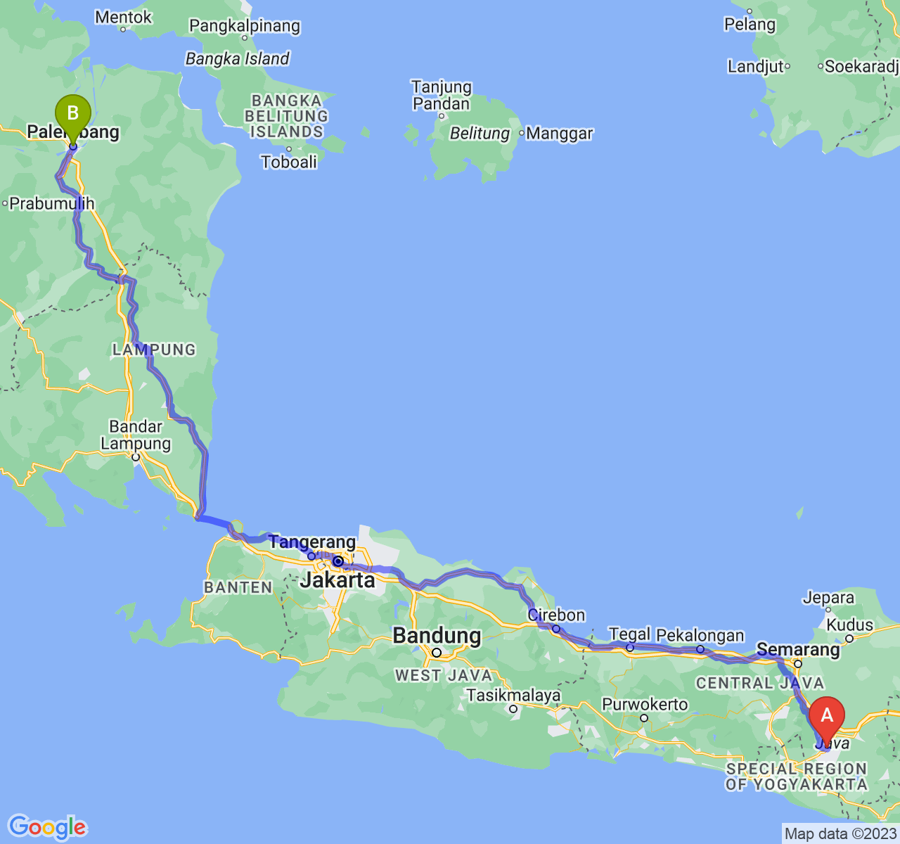 perjalanan dengan rute Kab. Klaten-Kota Palembang