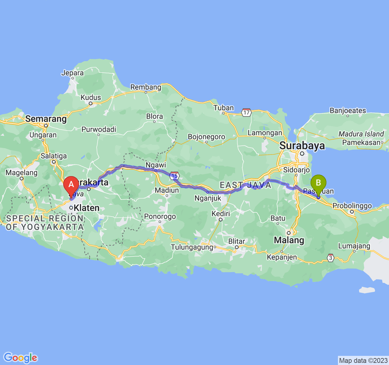 perjalanan dengan rute Kab. Klaten-Kota Pasuruan