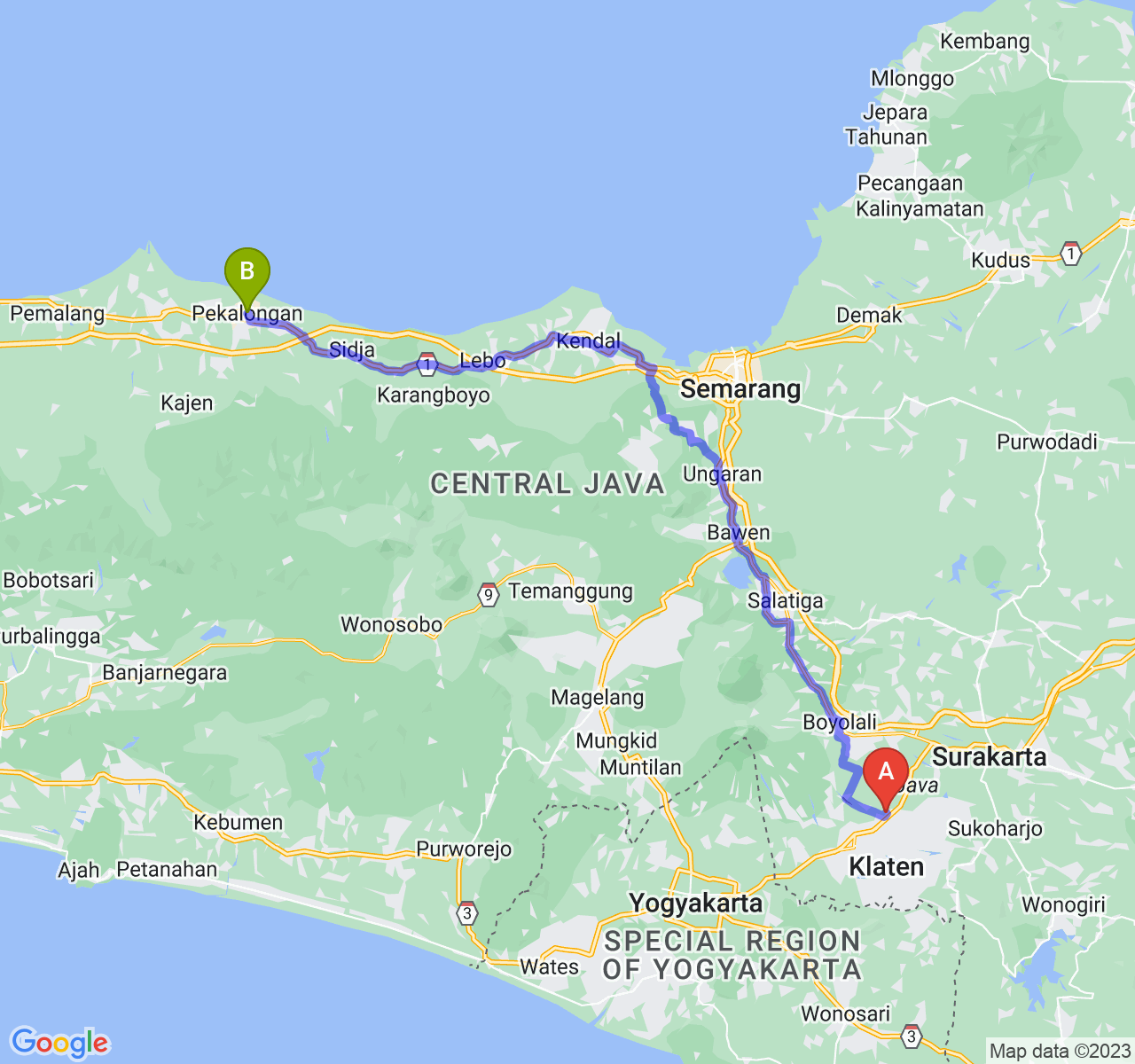 perjalanan dengan rute Kab. Klaten-Kota Pekalongan