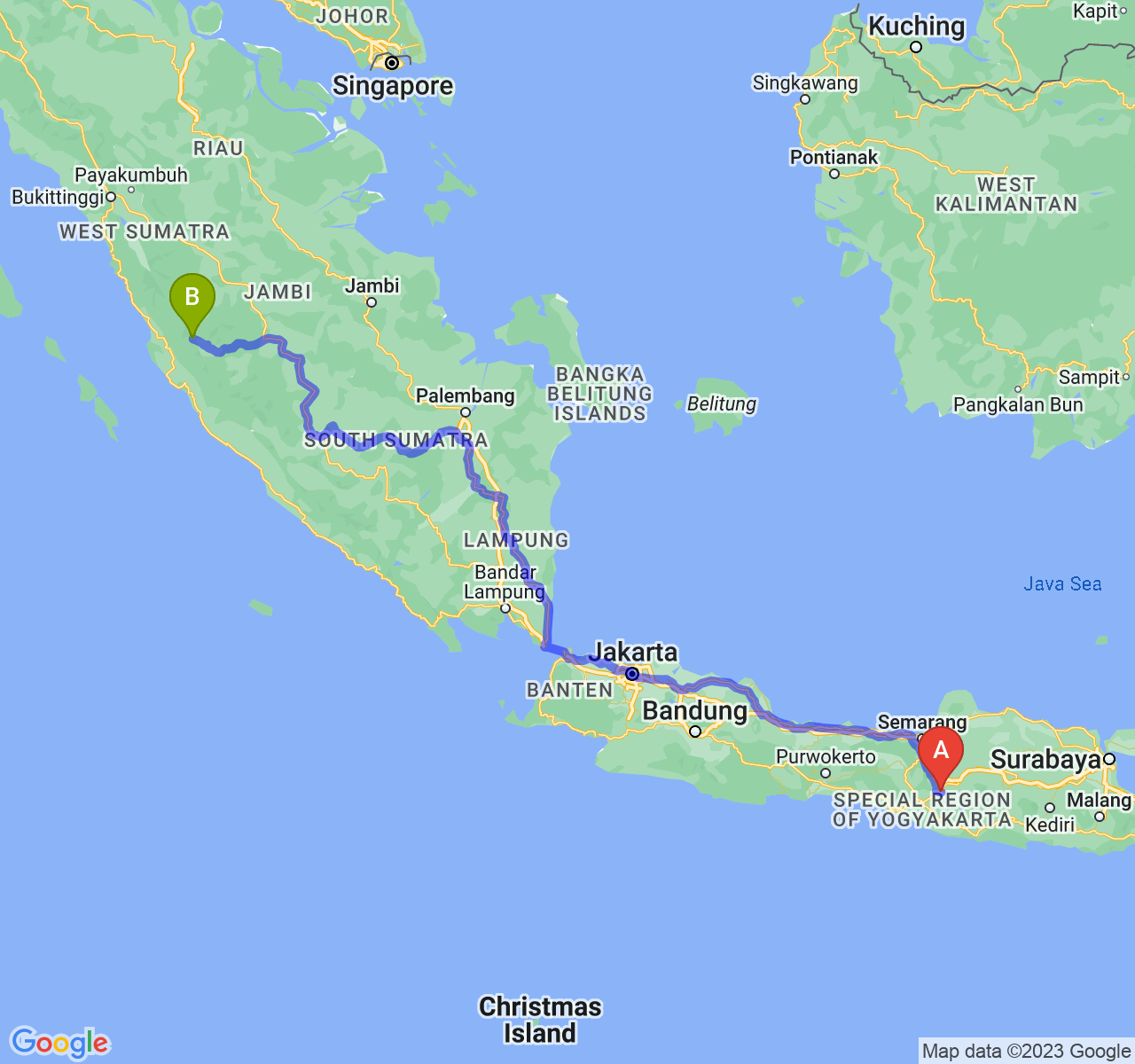 perjalanan dengan rute Kab. Klaten-Kota Sungai Penuh