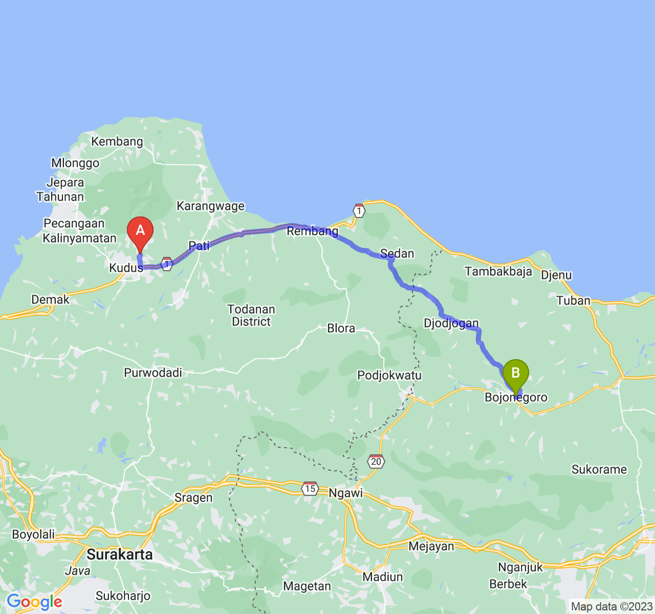 perjalanan dengan rute Kab. Kudus-Kab. Bojonegoro