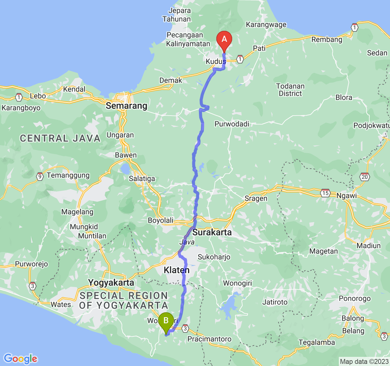 perjalanan dengan rute Kab. Kudus-Kab. Gunung Kidul