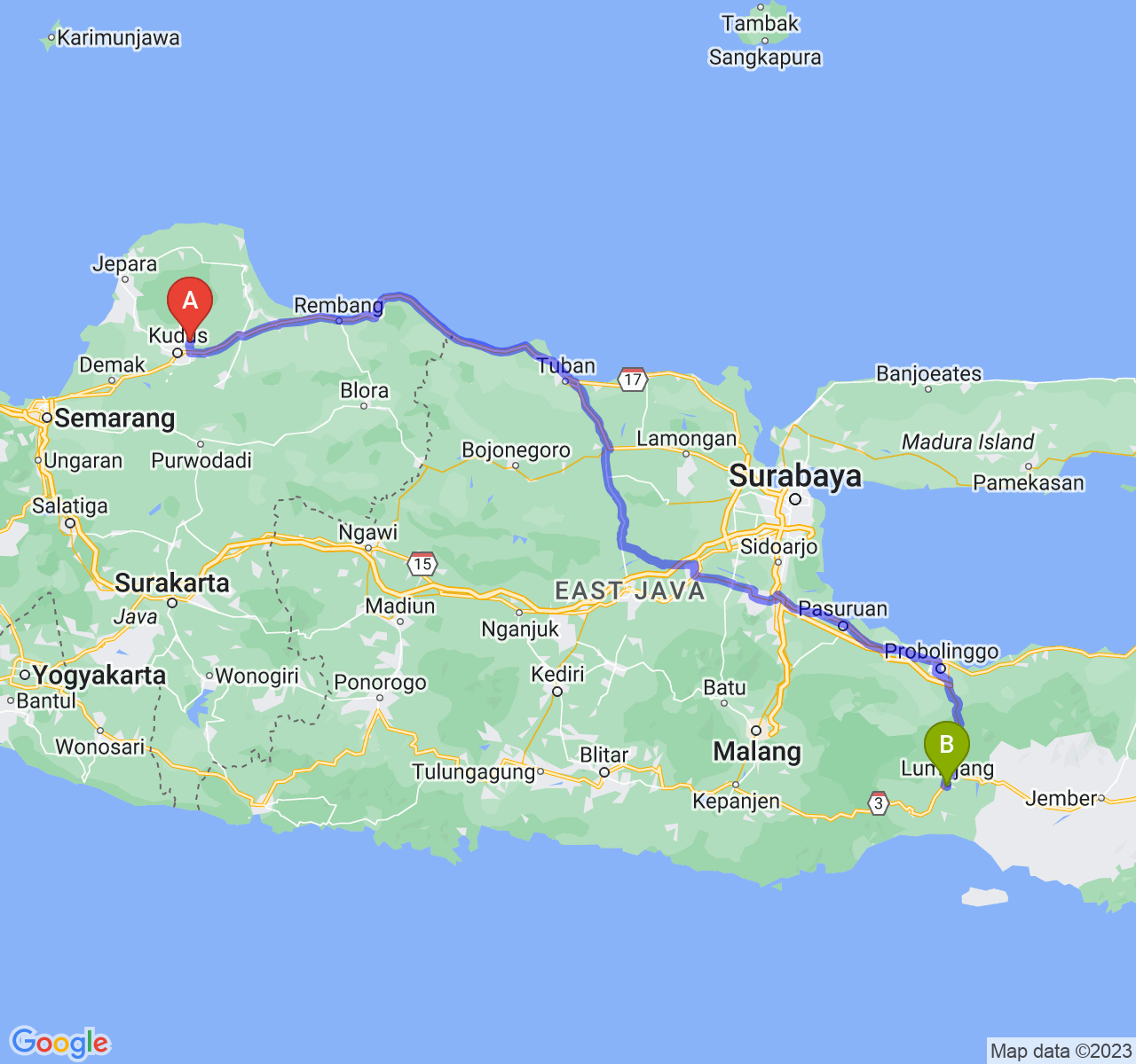 perjalanan dengan rute Kab. Kudus-Kab. Lumajang