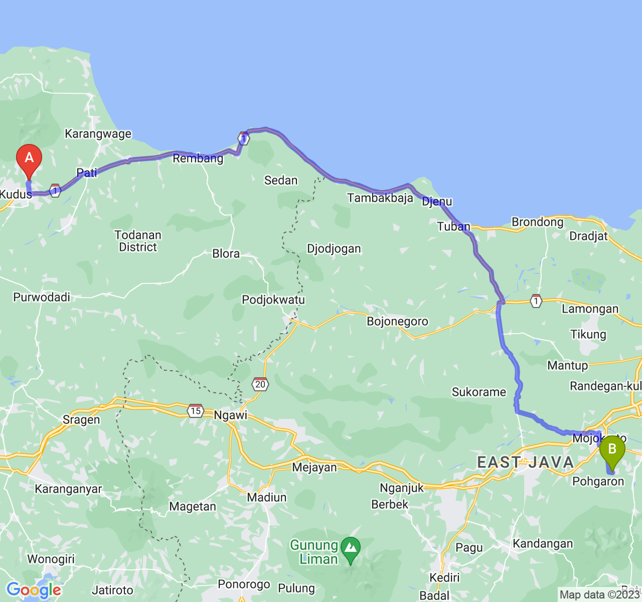 perjalanan dengan rute Kab. Kudus-Kab. Mojokerto