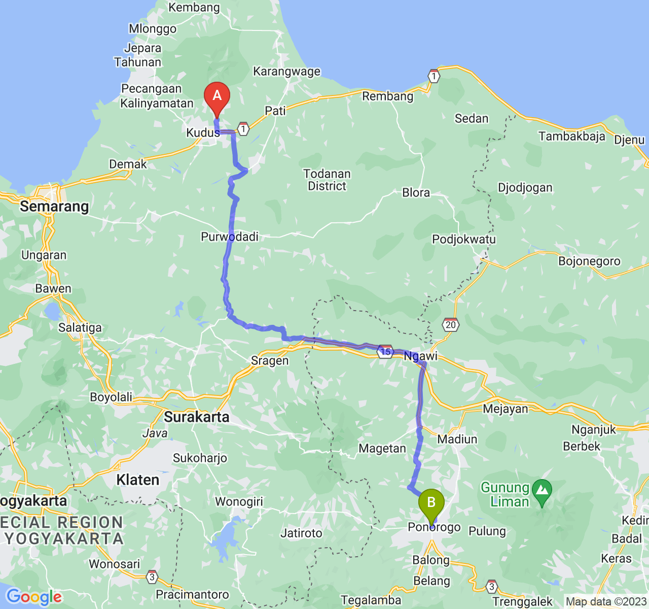 perjalanan dengan rute Kab. Kudus-Kab. Ponorogo