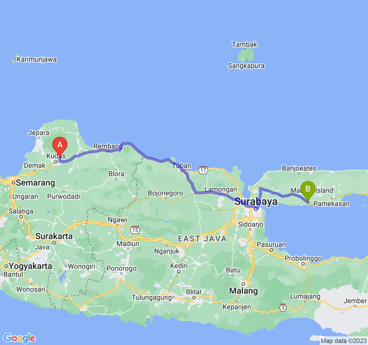 perjalanan dengan rute Kab. Kudus-Kab. Sampang