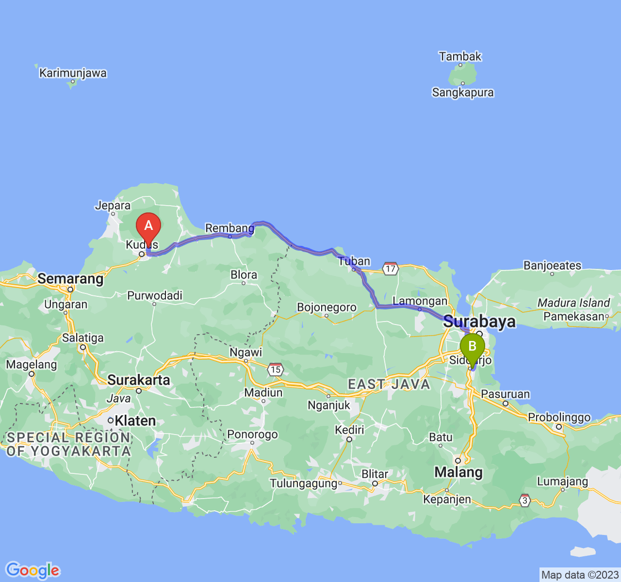 perjalanan dengan rute Kab. Kudus-Kab. Sidoarjo