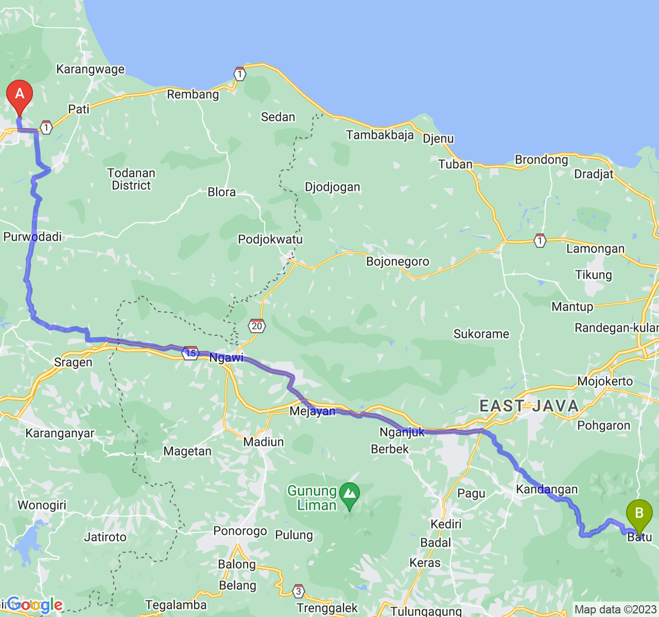 perjalanan dengan rute Kab. Kudus-Kota Batu