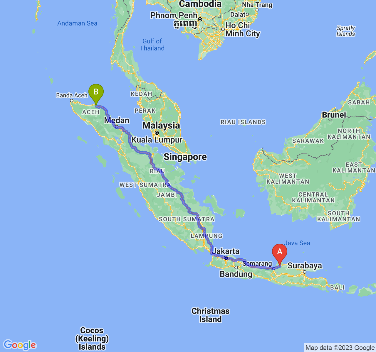 perjalanan dengan rute Kab. Kudus-Kota Lhokseumawe