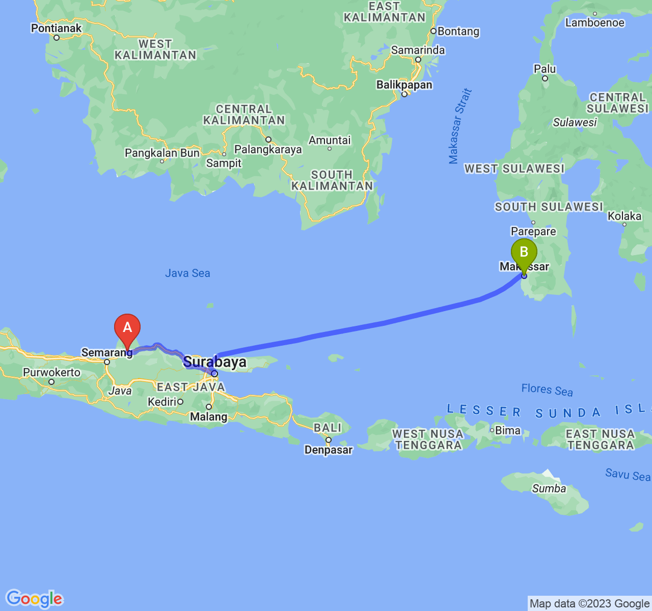 perjalanan dengan rute Kab. Kudus-Kota Makassar