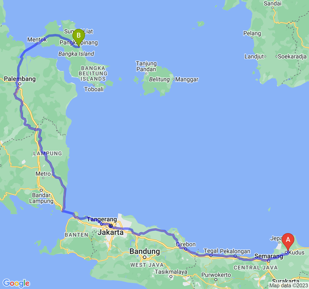 perjalanan dengan rute Kab. Kudus-Kota Pangkalpinang