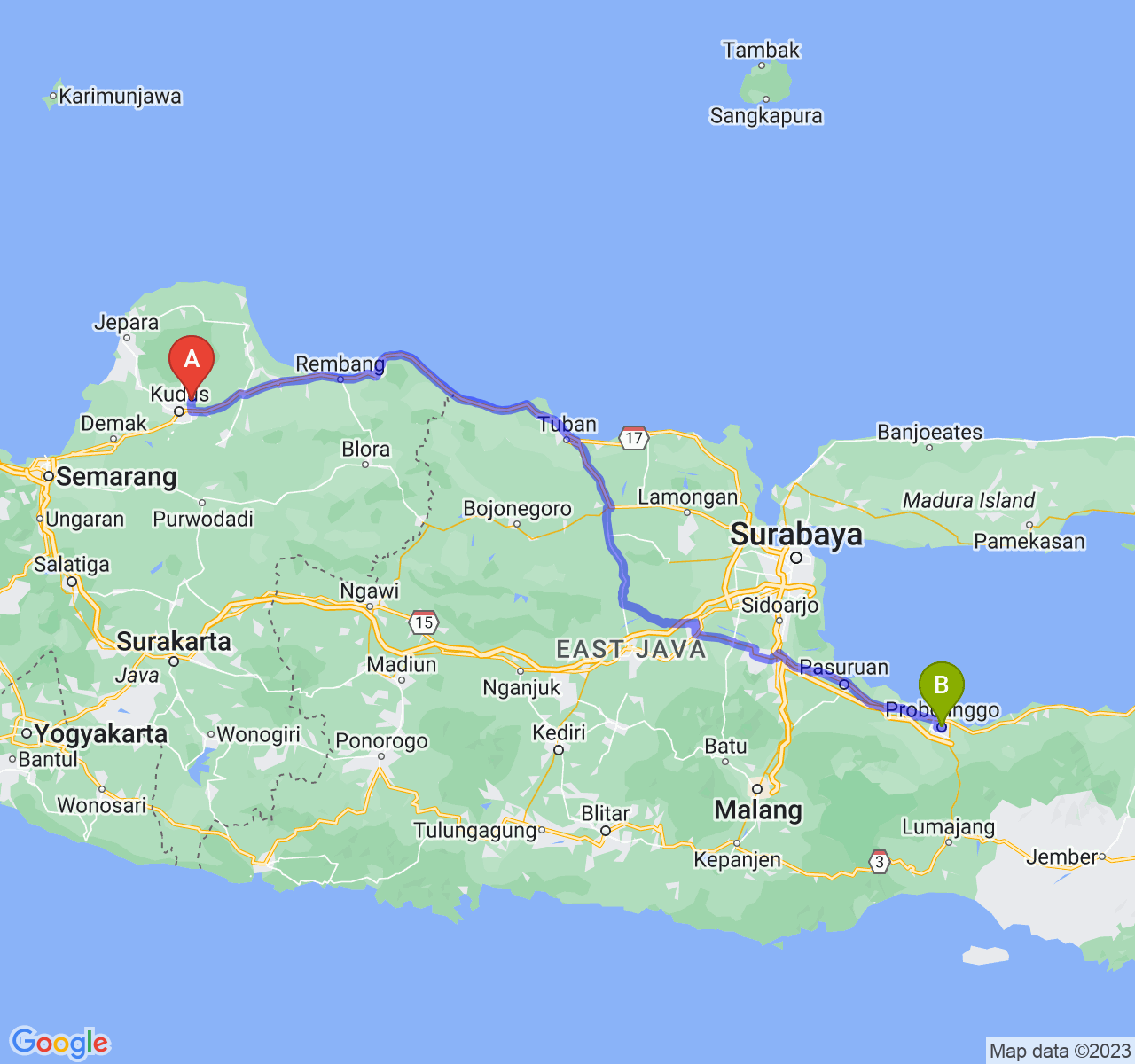 perjalanan dengan rute Kab. Kudus-Kota Probolinggo