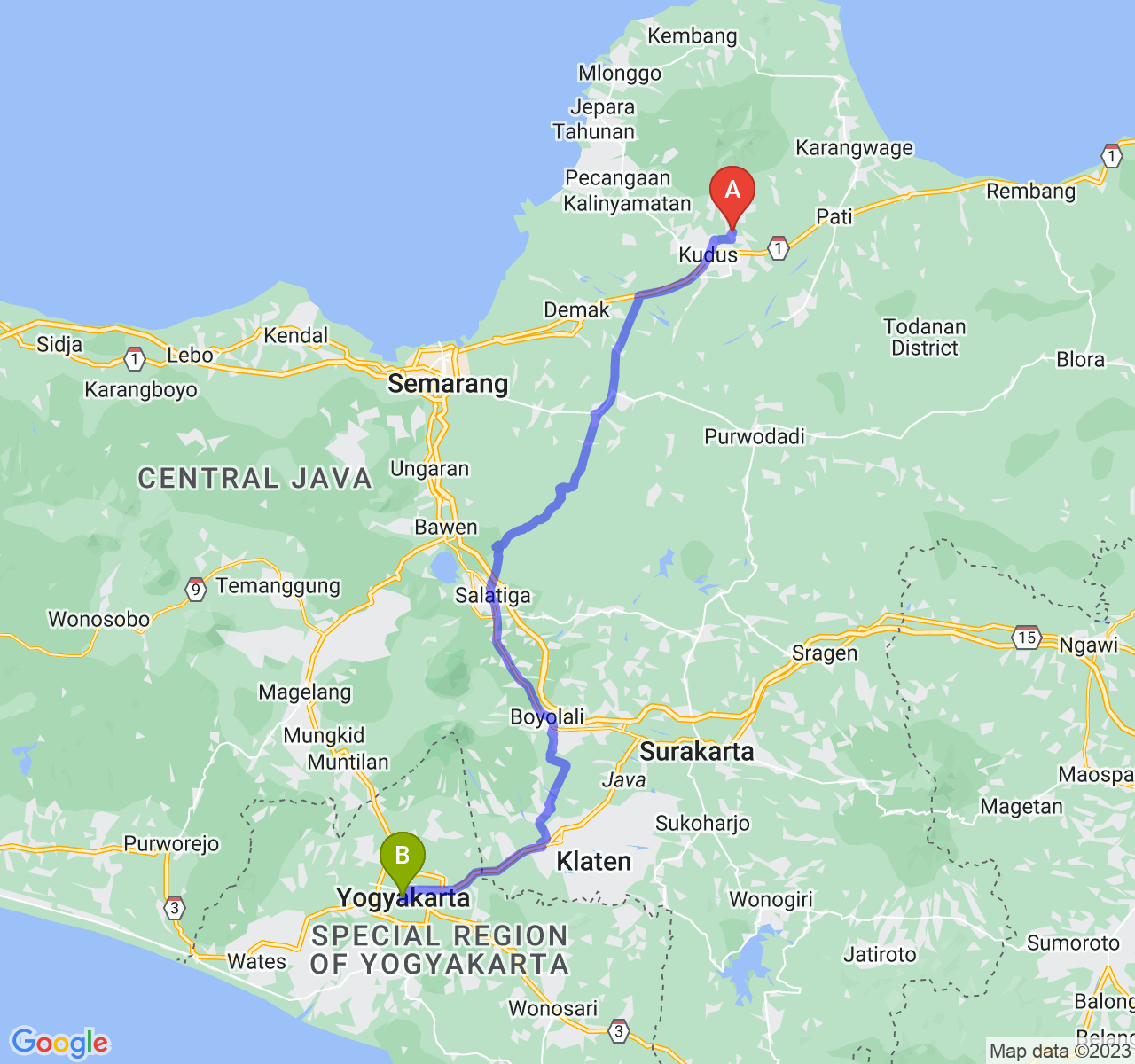 perjalanan dengan rute Kab. Kudus-Kota Yogyakarta