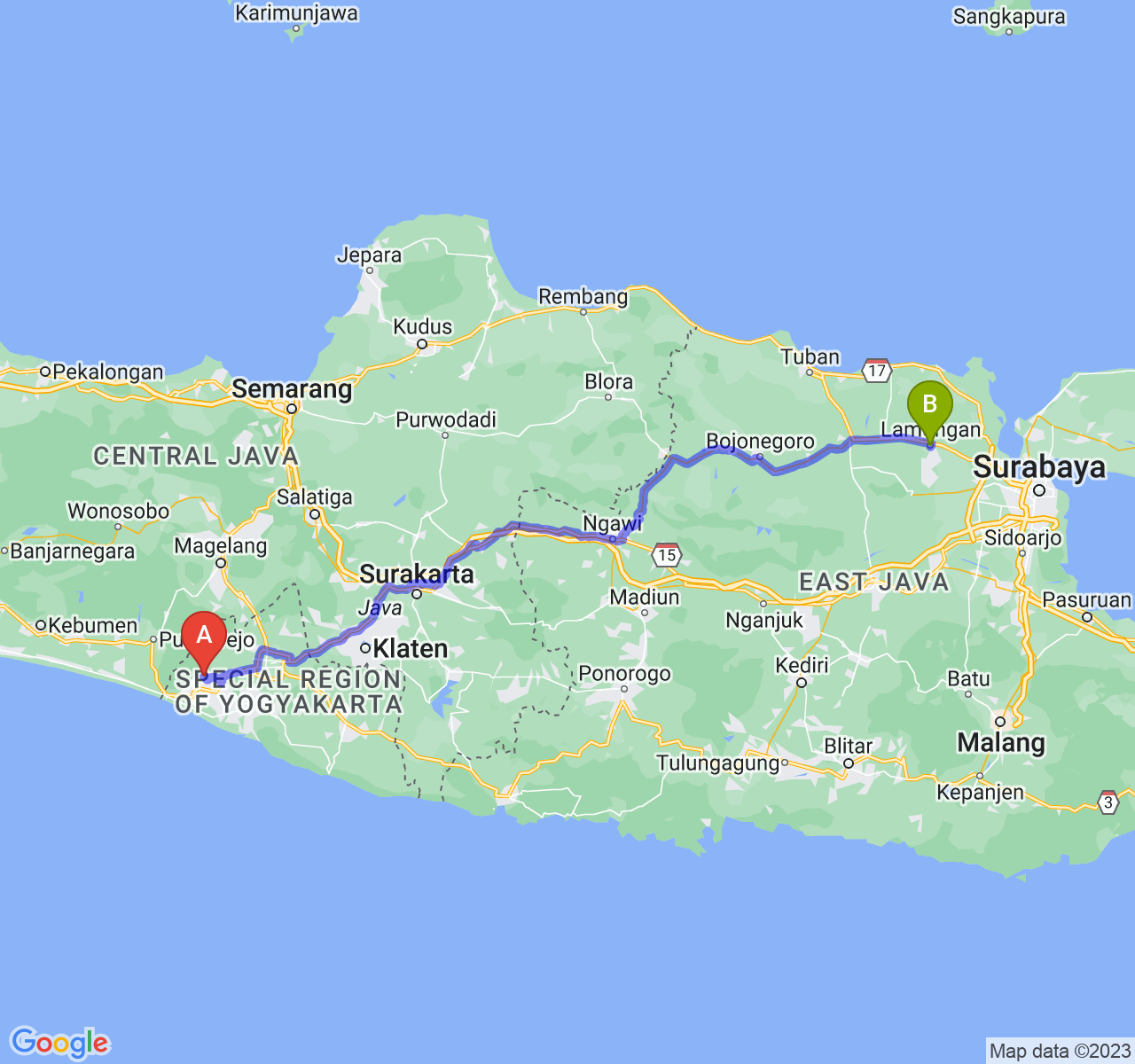 perjalanan dengan rute Kab. Kulon Progo-Kab. Lamongan