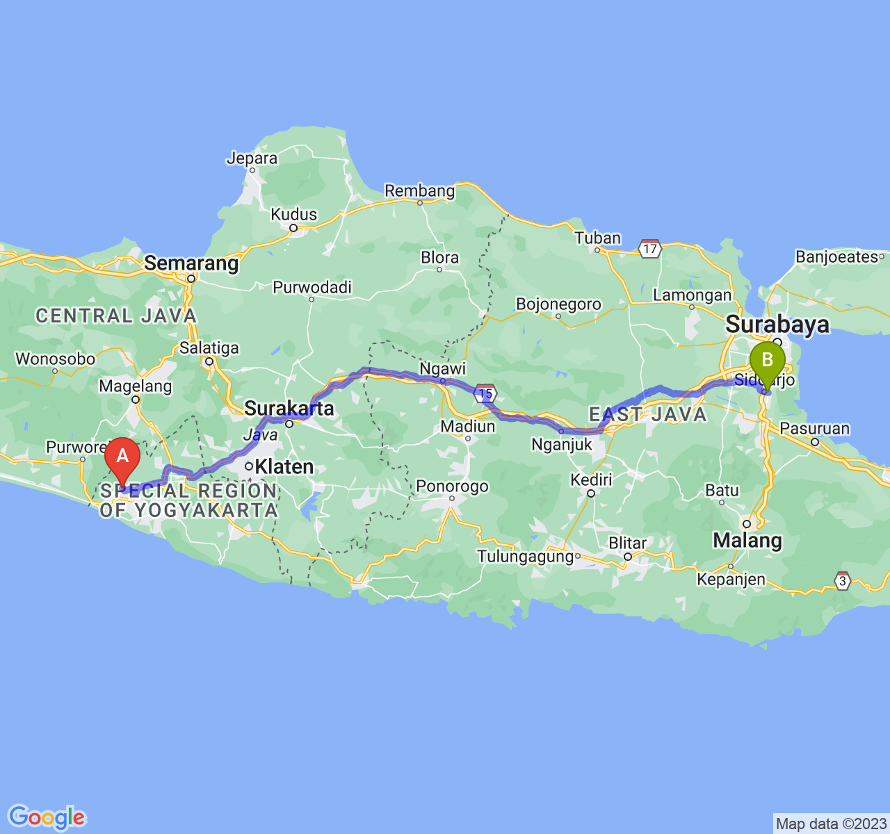 perjalanan dengan rute Kab. Kulon Progo-Kab. Sidoarjo