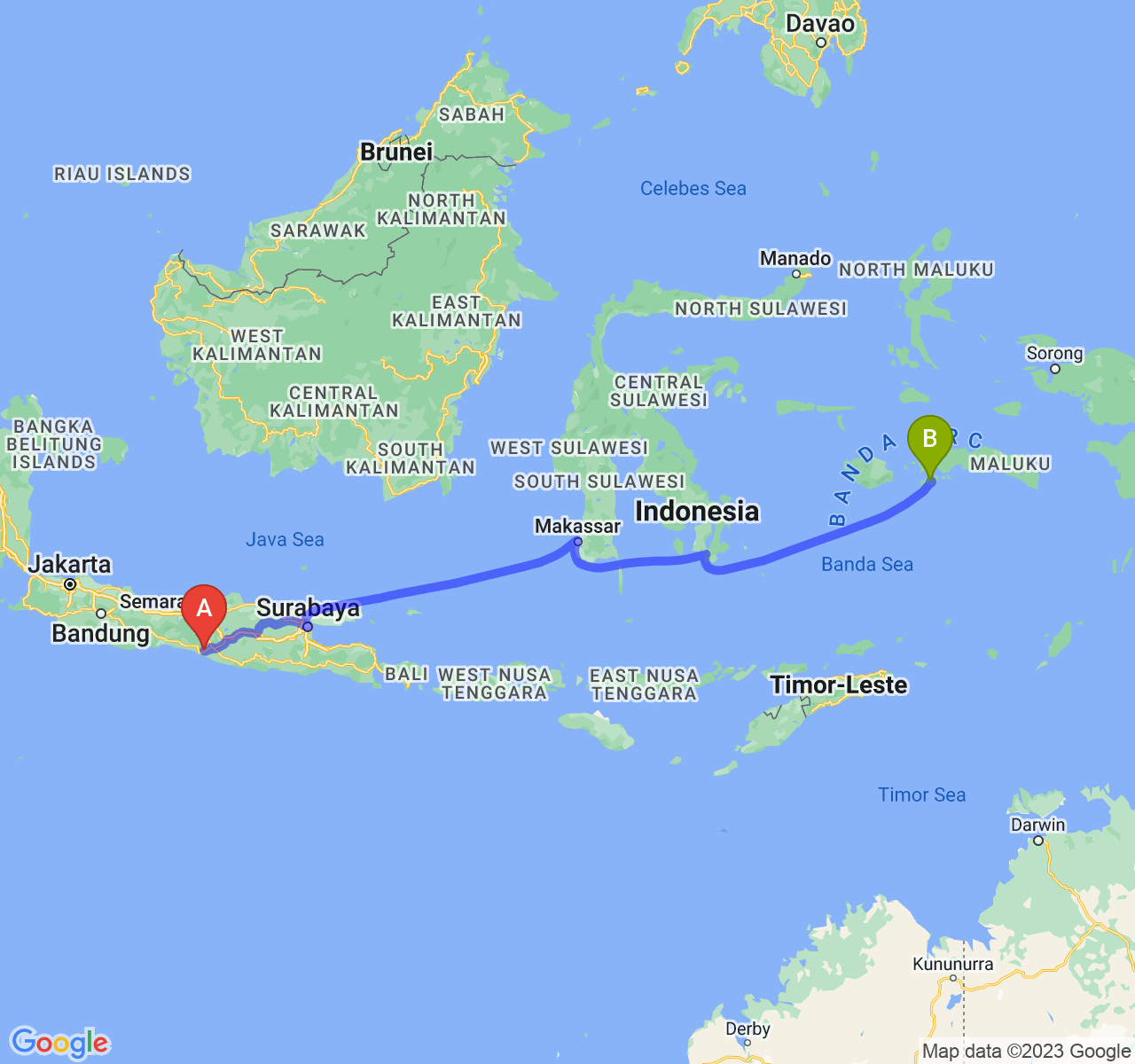 perjalanan dengan rute Kab. Kulon Progo-Kota Ambon