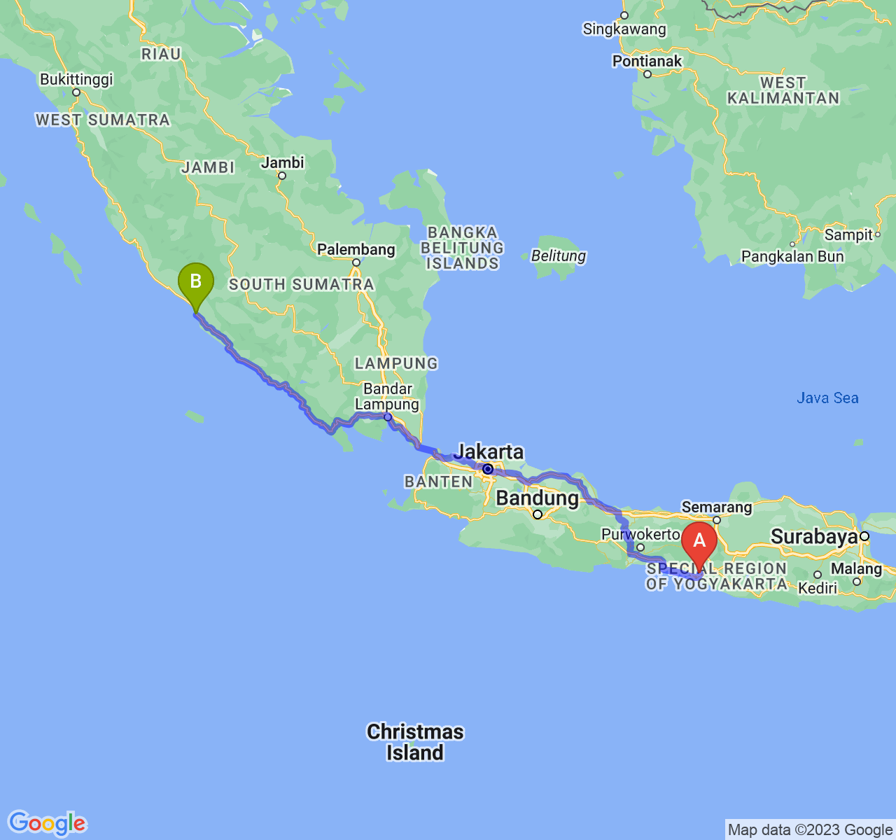 perjalanan dengan rute Kab. Kulon Progo-Kota Bengkulu