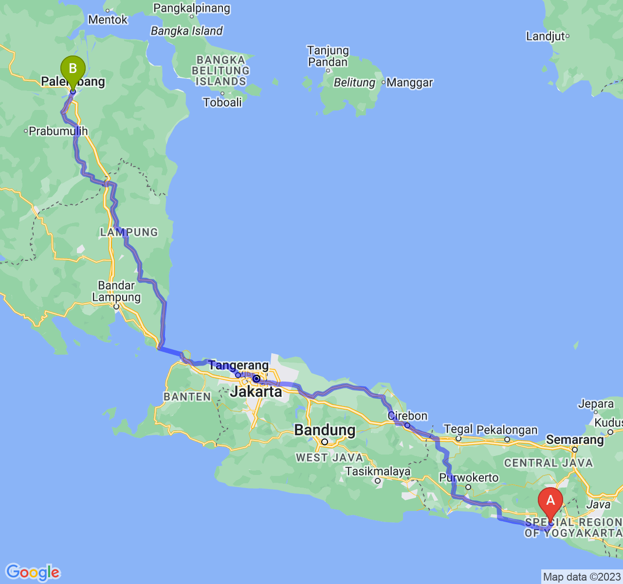 perjalanan dengan rute Kab. Kulon Progo-Kota Palembang