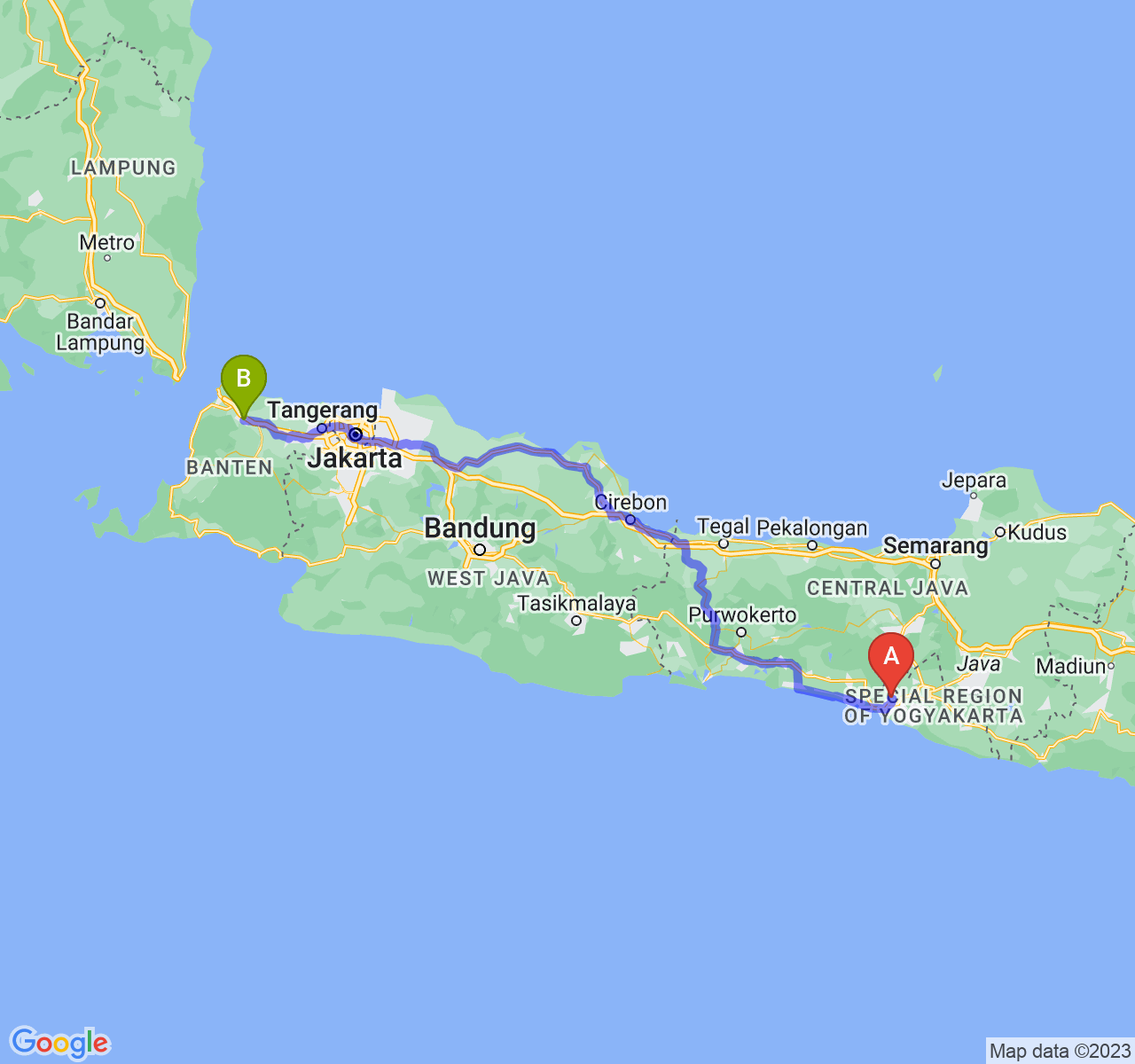 perjalanan dengan rute Kab. Kulon Progo-Kota Serang