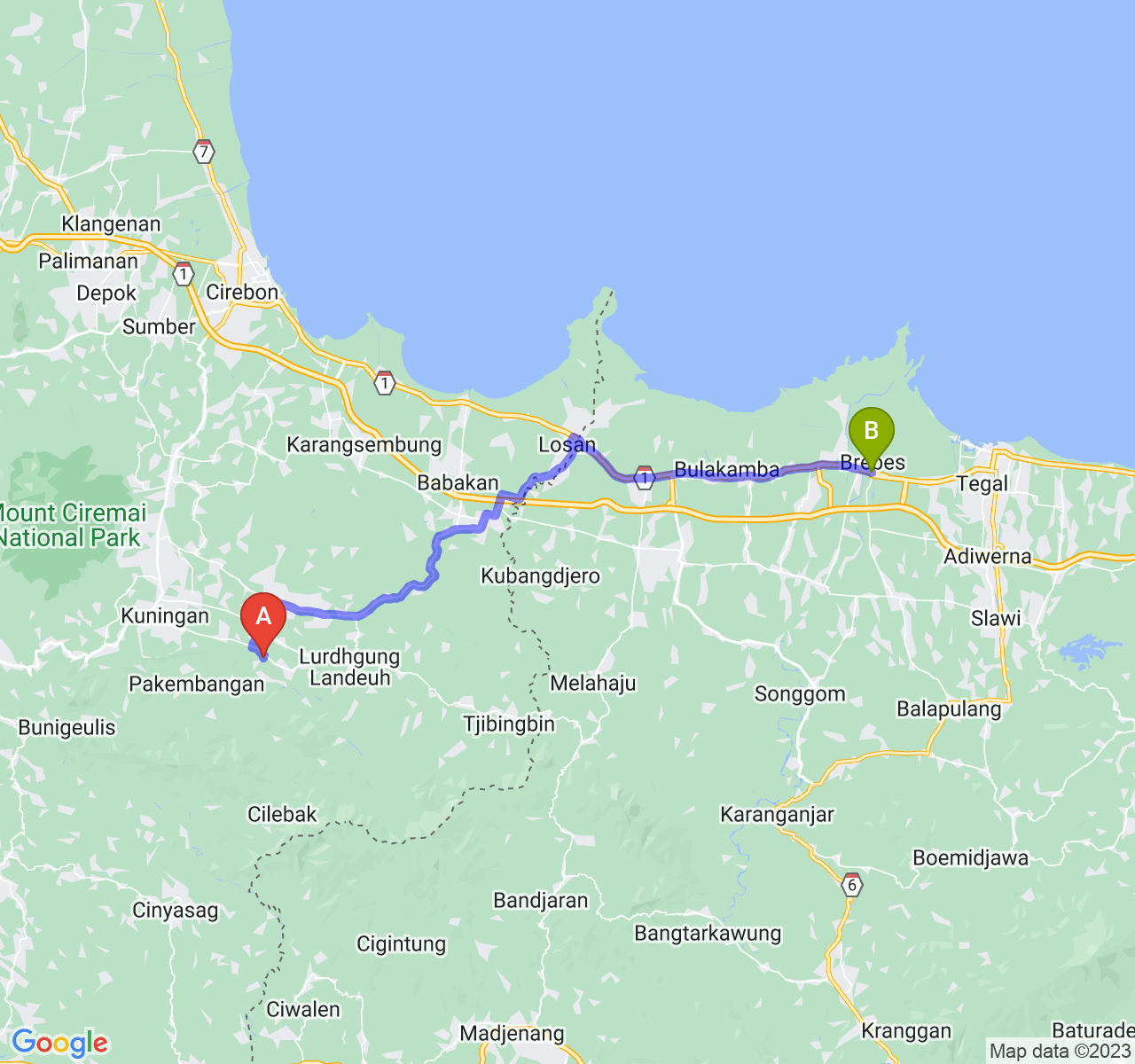 perjalanan dengan rute Kab. Kuningan-Kab. Brebes