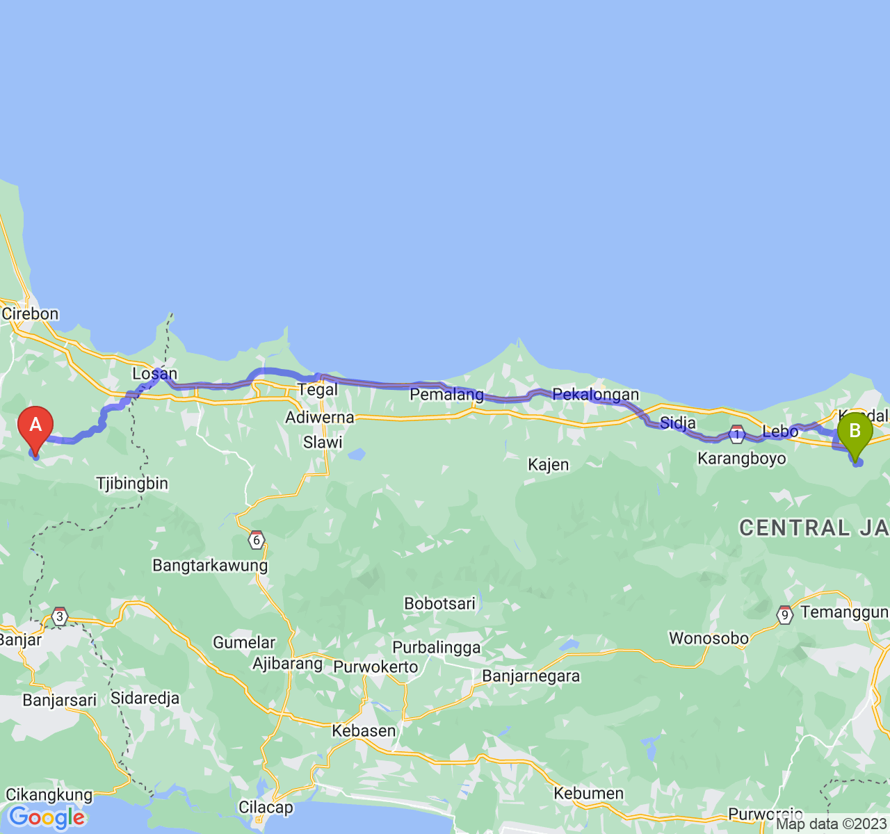 perjalanan dengan rute Kab. Kuningan-Kab. Kendal