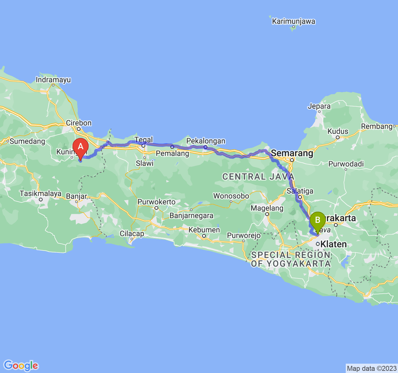 perjalanan dengan rute Kab. Kuningan-Kab. Klaten