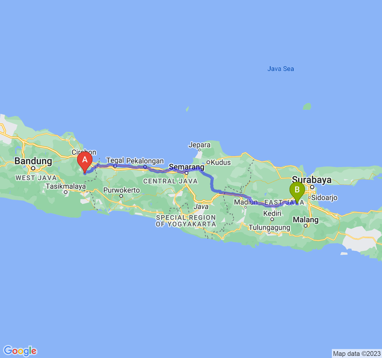 perjalanan dengan rute Kab. Kuningan-Kab. Mojokerto