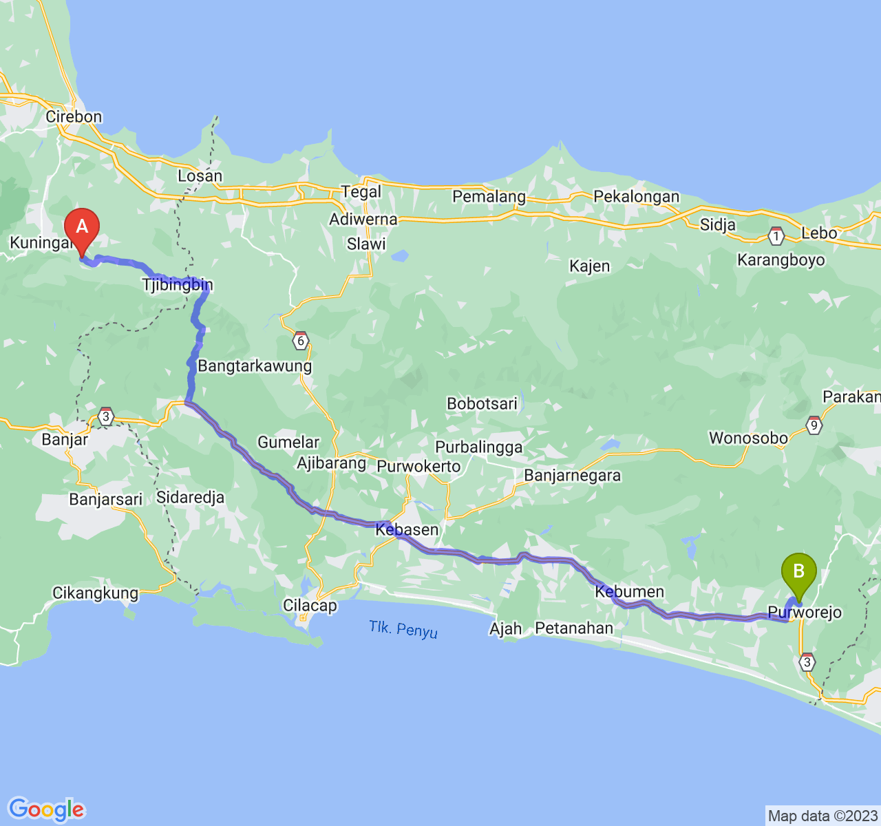 perjalanan dengan rute Kab. Kuningan-Kab. Purworejo