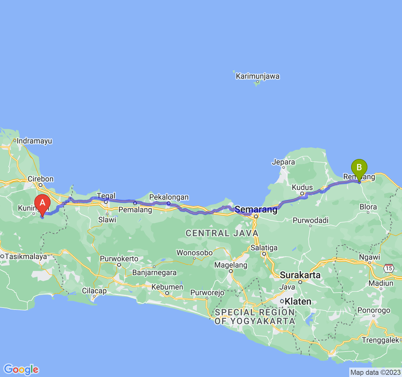 perjalanan dengan rute Kab. Kuningan-Kab. Rembang